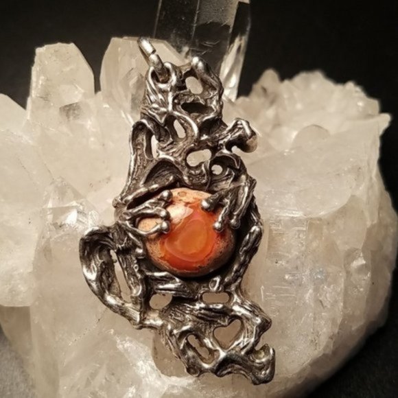 Vintage Jewelry - OOAK Sterling Mexican Fire Opal Pendant Artisan